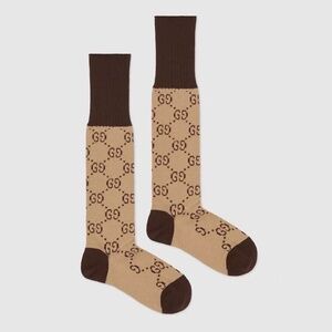 NEW GUCCI Brown Beige Monogram logo Cotton Blend Socks size SMALL